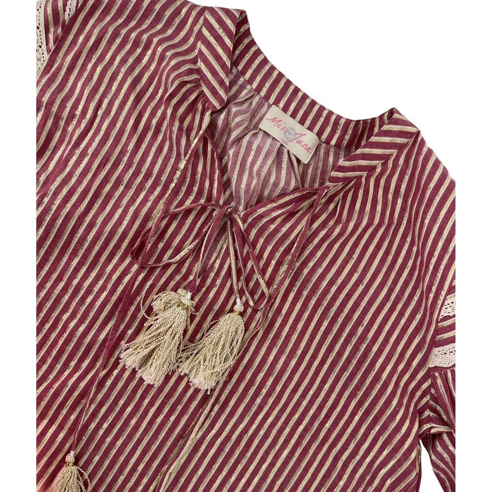 Miss June Paris Boho Striped Tassel Tie‎ Neck Long Sleeve Blouse Top M